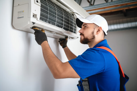 HVAC technician installing a mini split air conditioner in Eloy