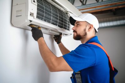 Air conditioning technician servicing a wall-mounted AC unit in Eloy, AZ